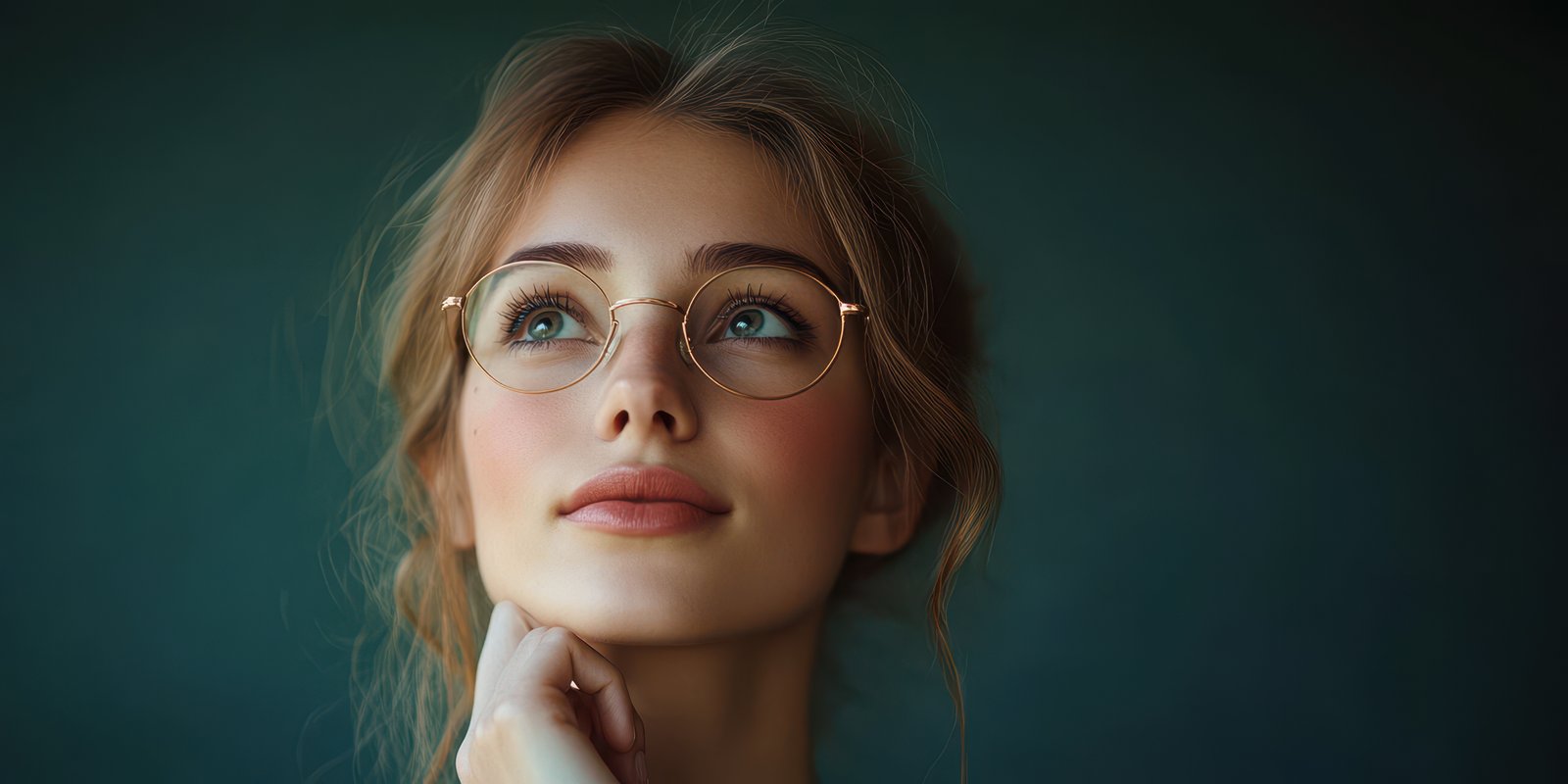 Young woman in glasses thoughtfully gazing upward against a dark background